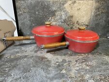 Lot of 2 Vintage Montgomery Ward Best Cast Aluminum Red Sauce Pan Wood Handles picture