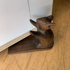 Mouse Doorstop Carved Wood Stained 5.5” X 7.75” Two Arms Raised As A Stopper picture