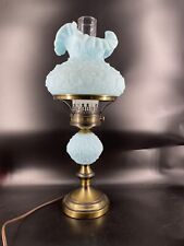 RARE Vintage FENTON Ruffled Frosted Satin BLUE POPPY Hurricane Lamp GWTW picture