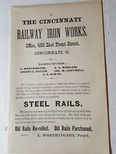 1873 original print ad CINCINNATI RAILWAY IRON WORKS Steel railroad rails Ohio picture