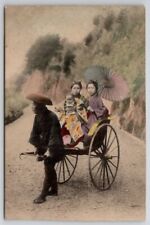 Japan Man With Women Baby In Rickshaw Hand Colored Lovely Japanese Postcard AA2 picture