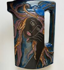 Design by Mura Pitcher Numbered Art Sad Girl Goddess Bird Pottery Made in Mexico picture