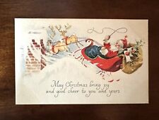 Vintage Christmas Postcard Santa Riding Thru Clouds with Reindeer Rooftop H37 picture