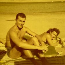 AgA) Photograph Kodacolor 1953 Color Photo Handsome Cute Couple Beach Man Woman picture