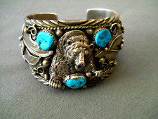 CHEE Native American Navajo Turquoise Sterling Silver 3-D Bear & Leaves Bracelet picture
