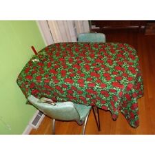 Vintage Red & Green Christmas Poinsettia Tablecloth mcm retro kitsch holiday picture