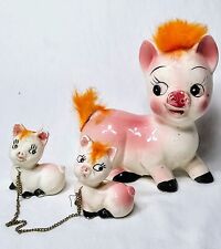 Vintage MCM Anthropomorphic Orange Pig Family Chain Ceramic Fur Figurine Japan picture