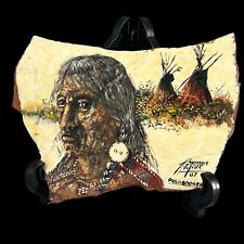 Thomas Mills Signed Native Western Art Shale Rock Painting “Philosopher” 1987 picture
