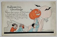 Halloween Children Masks Boy with Pumpkin Head Ghost Bats Weaver Postcard S14 picture