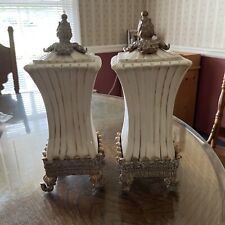Two 14 “ Tall Cream And Gold Vases With Lid picture