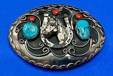 Horse, Lucky Horseshoe - Vintage SQUAW WRAP Turquoise Red Coral Belt Buckle picture
