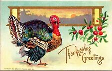 Thanksgiving Turkey Gold Embossed Scenic Holly Berries WOB 1911 (Z309) picture
