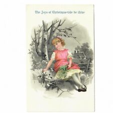 Victorian Trade Card Christmas Girl Trees Fence Child Pink Dress Hair Bow picture