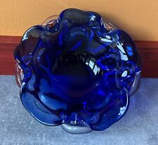Murano Cigar Ashtray Cobalt Blue Clear MidCentury Ruffled Edge Vintage picture