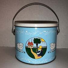 Vintage COUNTRY SCENE Blue White Metal Bucket Lid Handle Sheep Doves Floral CUTE picture