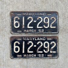 1952 Maryland License Plate Pair 612 292 YOM DMV Clear Ford Chrysler Chevy 1953 picture