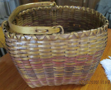 OLD VTG Large Gathering Basket With Hand Carved Wood handle~EASTER colors~nice picture