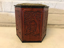 Vintage Antique Chinese Cinnabar Hexagon Form Box w/ Figures & Pagoda Decoration picture