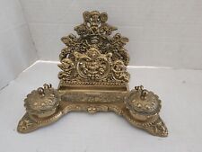Antique Brass Double Inkwell Letter Holder Desk Organizer Ornate Quill Rest picture