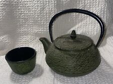 Japanese Cast Iron Tetsubin Teapot Green Pine Needle picture