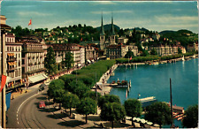 Lucern Promenade with Cathedral Switzerland Vintage Postcard Old Car picture