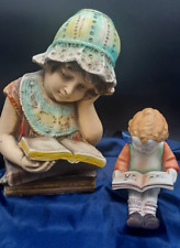 Large Chalkware Bust Girl Reading Book Numbered Vintage statue + ceramic Boy picture