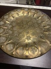 11.5”Antique Engraved Brass Serving Tray Platter Jewish Turkish Persian picture