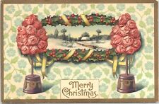 Merry Christmas Postcard Tree of Roses, Holly, Snowy Scene, Blue Flowers picture