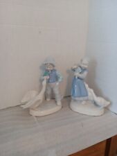 Beautiful Vtg Porcelain Dutch Boy, And Girl 9 Inches  Blue/White. With Geese  picture
