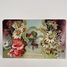 GERMAN POSTCARD - Relief Embossed - Roses Daisy's Boat Cabin  - 1910's picture