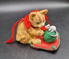Vintage 1980s Sandicast Cat And Brave Mouse Christmas Figurine Hanging Ornament picture