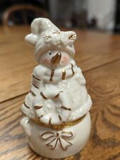 Vintage Snowman Trinket Box Ring Jewelry White Christmas hinged  white n  gold picture