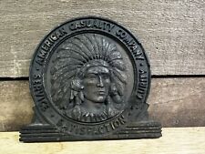 Antique American Casualty Company Native American Wooden Plaque picture