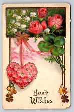 c1911 Best Wishes Pretty Floral Design US Flag Cancellation ANTIQUE Postcard picture