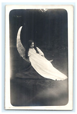 Unique Home Made Paper Moon Prop Girl White Dress Outdoor RPPC Amateur Postcard picture