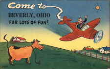 Beverly Ohio OH Airplane Comic Greeting c1940s Linen Postcard picture