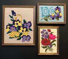 Vintage Cross-Stitch Handmade Framed Pictures Photo Flowers X3 picture