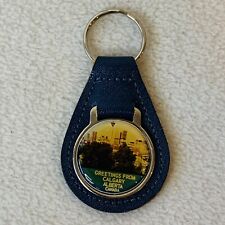 Vintage 80s Greetings From Calgary Alberta Keychain Leather Fob Souvenir picture