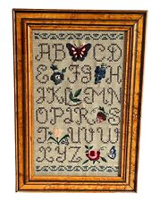 VTG Handmade Needlework Alphabet Sampler Cross Stitch Framed Flowers Butterfly picture