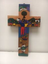 Vintage Colorful Handmade Wooden Cross Crucifix Folk Art Decor El Salvador 6” picture