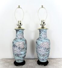 Pair of Chinoiserie Blue Table Lamps Chinese Asian Water Lilies Floral Flowers picture