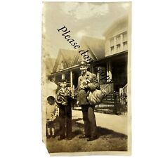 Mailman on Route 1930s 1940s Mailbag Snapshot Photo With Kids Boy Holding a Rake picture