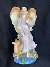 7” Resin Angel Figurine Fawn Frog Harp Purple Robe Water Nature  picture