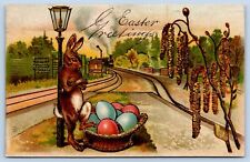 1909 EASTER postcard FANTASY RABBIT waits on train platform with egg basket picture