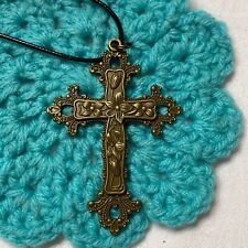 Cross Pendant, Crucifix, Christian, Scroll, Bronze, Black Cord Necklace, Unisex picture