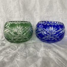 Two (2) Cut-to-Clear Green and Blue Votive Candle Holders FIFTH AVE Crystal picture