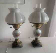 Vintage PR HEDCO Milk Glass GWTW Hurricane Lamps W/Chimneys 3 -Way EC picture