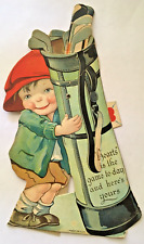 Antique Mechanical Die Cut Valentine Card Young Boy Caddy Golf With Love Letter picture