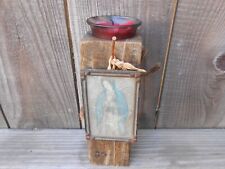 Antique WOODEN CANDLE HOLDER Catholic Religious Altar VIRGIN MARY PICTURE Church picture