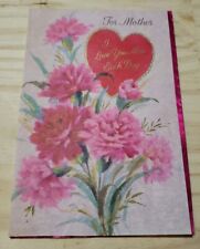 USED Mother Valentine's Day Vintage Card Pink Foil Heart With Pink Carnations  picture